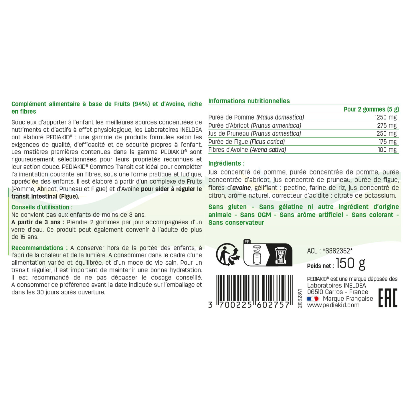 PEDIAKID - Gommes Transit - Régule le transit intestinal