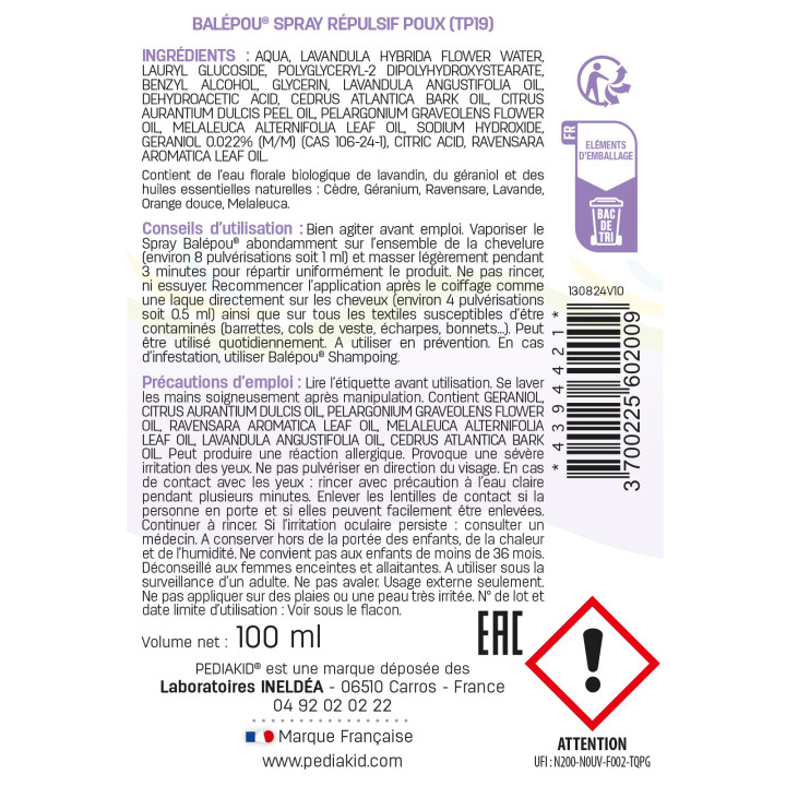 PEDIAKID® Balépou Spray - Le réflexe naturel  pour lutter efficacement contre les poux