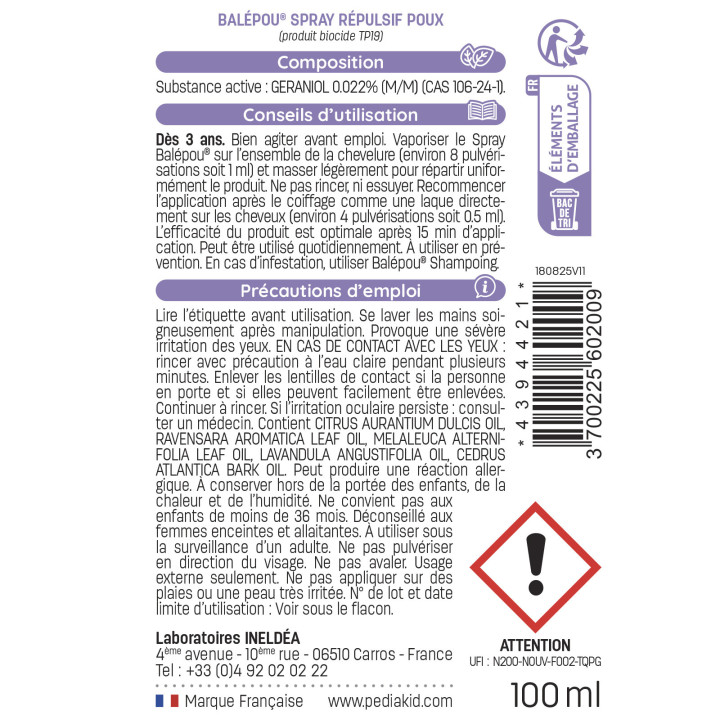 PEDIAKID® Balépou Spray - Le réflexe naturel  pour lutter efficacement contre les poux