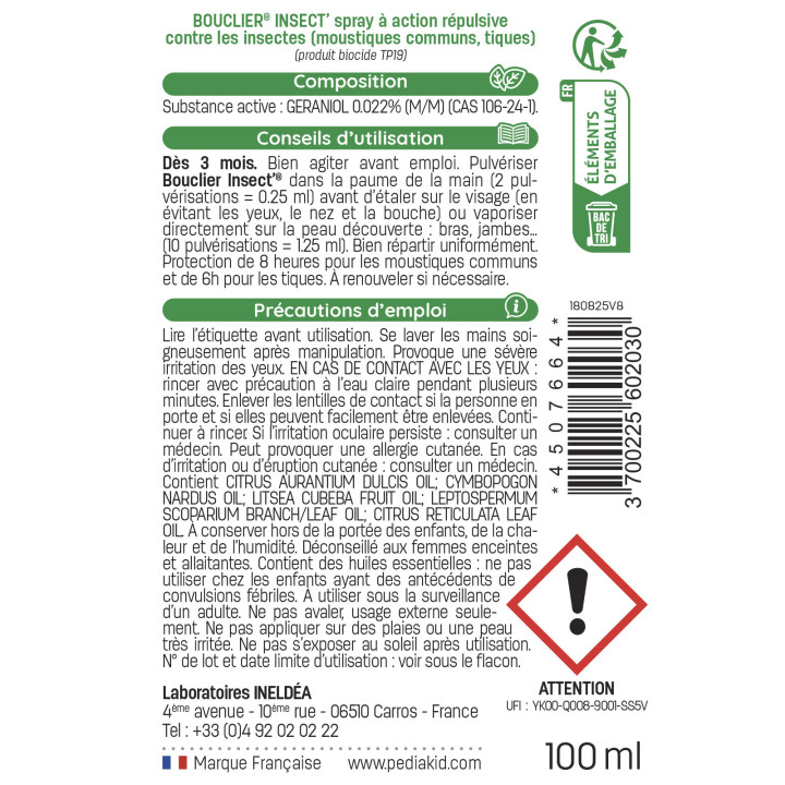 PEDIAKID® Bouclier INSECT - 8H d'efficacité - Spray répulsif de 100 ml