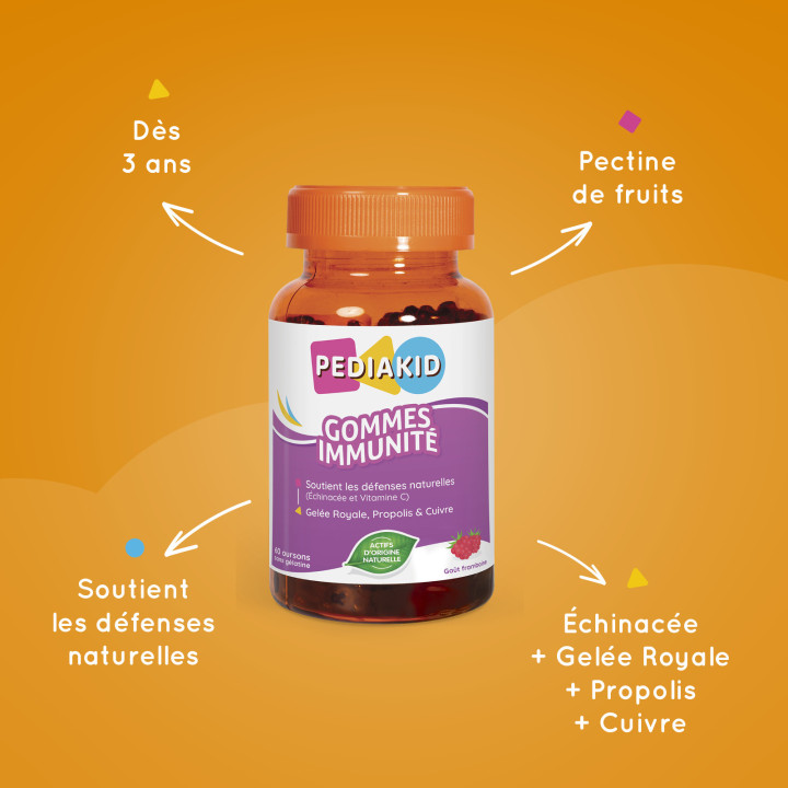 PEDIAKID® Gommes Immunité - Pilulier de 60 oursons - Goût framboise.