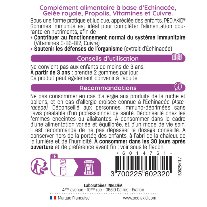 PEDIAKID® Gommes Immunité - Pilulier de 60 oursons - Goût framboise.