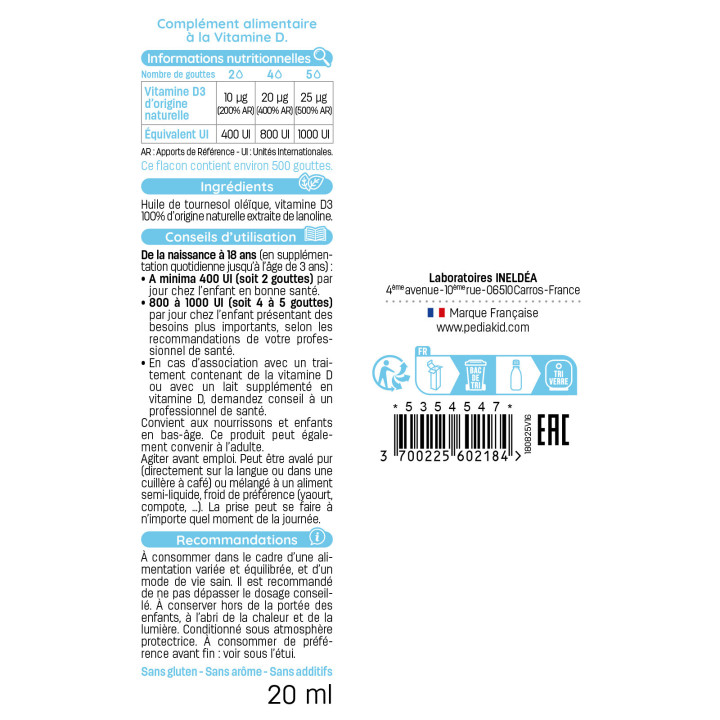 PEDIAKID® Vitamine D3 - Optimise les apports en vitamine D - 20ml